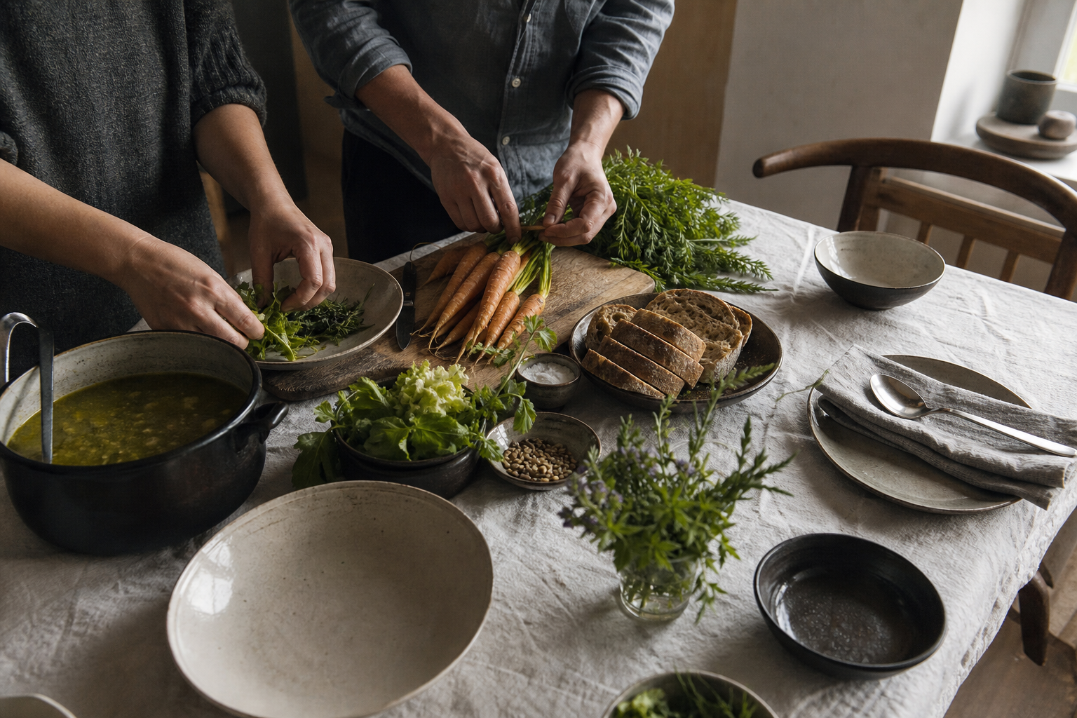 Twee mensen bereiden groenten en brood op een eenvoudige gedekte tafel