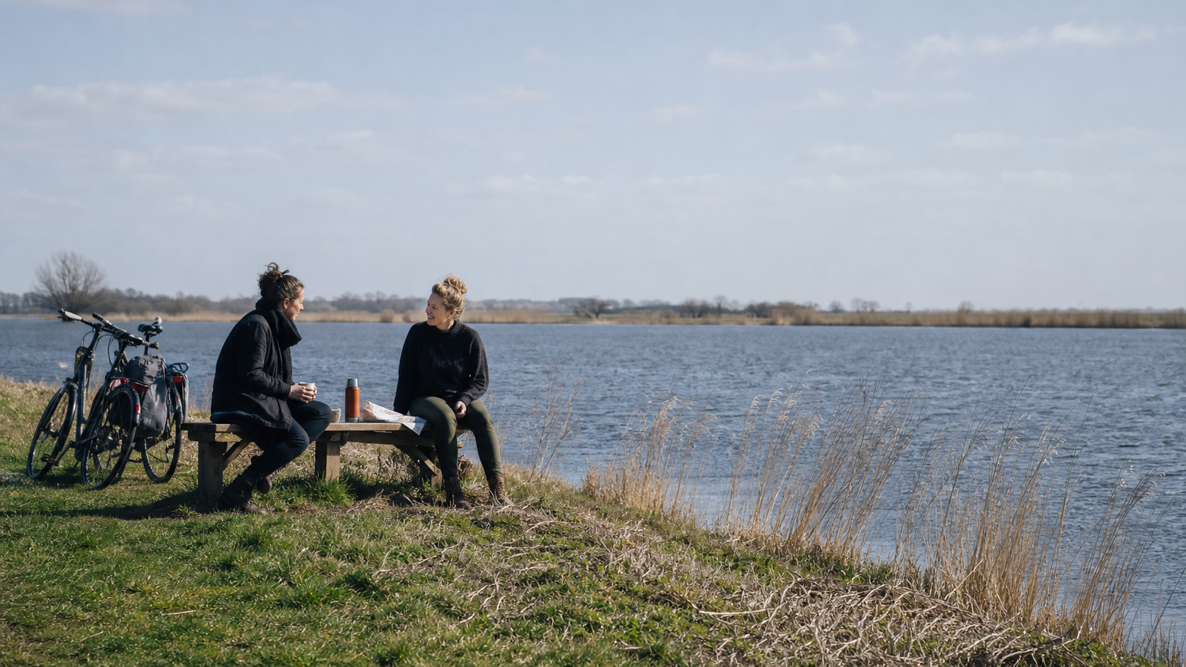 Twee vrienden op een bank bij het water met fietsen en een thermosfles
